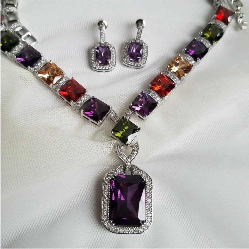Swarovski Elements Amethyst Purple Emerald-cut Halo Earrings NEW - Picture 5 of 14
